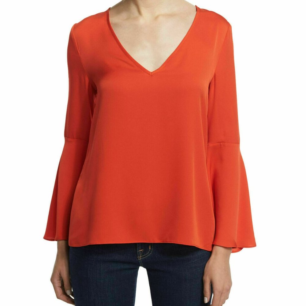 MILLY $265 ORANGE SILK BUTTERFLY BLOUSE TOP SHIRT FLARED BELL SLEEVES 6 S NWT